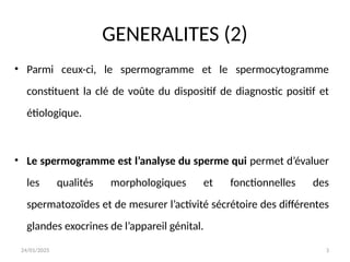 24/01/2025 3
GENERALITES (2)
• Parmi ceux-ci, le spermogramme et le spermocytogramme
constituent la clé de voûte du dispositif de diagnostic positif et
étiologique.
• Le spermogramme est l’analyse du sperme qui permet d’évaluer
les qualités morphologiques et fonctionnelles des
spermatozoïdes et de mesurer l’activité sécrétoire des différentes
glandes exocrines de l’appareil génital.
 