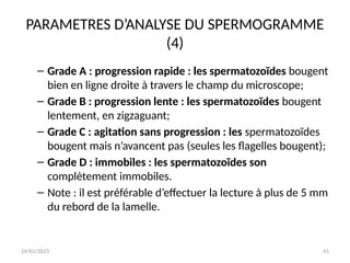 24/01/2025 41
PARAMETRES D’ANALYSE DU SPERMOGRAMME
(4)
– Grade A : progression rapide : les spermatozoïdes bougent
bien en ligne droite à travers le champ du microscope;
– Grade B : progression lente : les spermatozoïdes bougent
lentement, en zigzaguant;
– Grade C : agitation sans progression : les spermatozoïdes
bougent mais n’avancent pas (seules les flagelles bougent);
– Grade D : immobiles : les spermatozoïdes son
complètement immobiles.
– Note : il est préférable d’effectuer la lecture à plus de 5 mm
du rebord de la lamelle.
 
