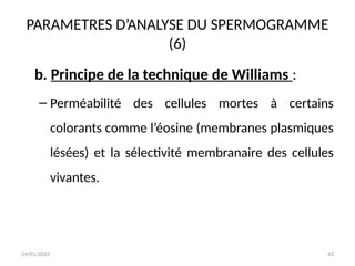 24/01/2025 43
PARAMETRES D’ANALYSE DU SPERMOGRAMME
(6)
b. Principe de la technique de Williams :
– Perméabilité des cellules mortes à certains
colorants comme l’éosine (membranes plasmiques
lésées) et la sélectivité membranaire des cellules
vivantes.
 