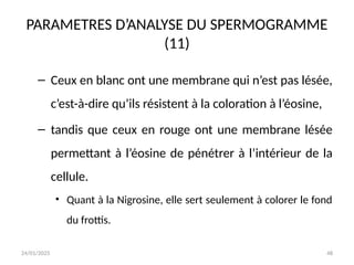 24/01/2025 48
PARAMETRES D’ANALYSE DU SPERMOGRAMME
(11)
– Ceux en blanc ont une membrane qui n’est pas lésée,
c’est-à-dire qu’ils résistent à la coloration à l’éosine,
– tandis que ceux en rouge ont une membrane lésée
permettant à l’éosine de pénétrer à l’intérieur de la
cellule.
• Quant à la Nigrosine, elle sert seulement à colorer le fond
du frottis.
 