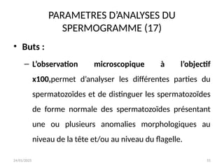24/01/2025 55
PARAMETRES D’ANALYSES DU
SPERMOGRAMME (17)
• Buts :
– L’observation microscopique à l’objectif
x100,permet d’analyser les différentes parties du
spermatozoïdes et de distinguer les spermatozoïdes
de forme normale des spermatozoïdes présentant
une ou plusieurs anomalies morphologiques au
niveau de la tête et/ou au niveau du flagelle.
 