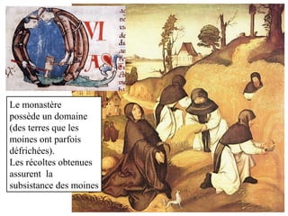 Le monastère
possède un domaine
(des terres que les
moines ont parfois
défrichées).
Les récoltes obtenues
assurent la
subsistance des moines
 