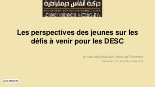 Les perspectives des jeunes sur les 
défis à venir pour les DESC 
Forum Mondial des Droits de l’homme 
Marrakech du 27 au 30 Novembre 2014 
 