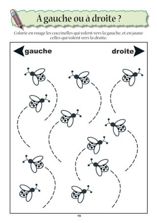 Àgauche ou à droite ?
Colorie en rouge les coccinelles qui volentvers la gauche, et en jaune
celles qui volentvers la droite.
gauche droite
15
 