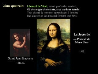 2ème quatrain: Léonard de Vinci, miroir profond et sombre,
                    Où des anges charmants, avec un doux souris
                    Tout chargé de mystère, apparaissent à l'ombre
                    Des glaciers et des pins qui ferment leur pays;




                                                              La Joconde
                                                                Portrait de
                                                              (ou
                                                               Mona Lisa)


                                                                      1503

   Saint Jean Baptiste
          1514-16
 