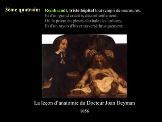 3ème quatrain: Rembrandt, triste hôpital tout rempli de murmures,
                   Et d'un grand crucifix décoré seulement,
                   Où la prière en pleurs s'exhale des ordures,
                   Et d'un rayon d'hiver traversé brusquement;




             La leçon d’anatomie du Docteur Joan Deyman
                                      1656
 