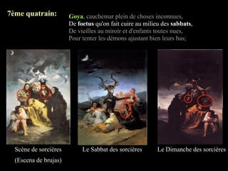 7ème quatrain:         Goya, cauchemar plein de choses inconnues,
                       De foetus qu'on fait cuire au milieu des sabbats,
                       De vieilles au miroir et d'enfants toutes nues,
                       Pour tenter les démons ajustant bien leurs bas;




  Scène de sorcières        Le Sabbat des sorcières       Le Dimanche des sorcières
  (Escena de brujas)
 