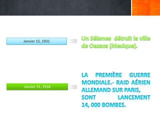 Un Séismes  détruit la ville de Oaxaca (Mexique).Janvier 15, 1931La Première Guerre mondiale.- Raid aérien allemand sur Paris,sont  lancement  14, 000 bombes.Janvier 31, 1918