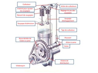 CulbuteurArbre de culbuteursEndroit pour ajuster les soupapesRéglage du jeu des soupapes Ressort de soupapesSoupape d’échappementSoupape d’admissionTige de culbuteurPoussoirRoue dentée de l’arbre à cameArbre à cameCameChaîne de distributionVilebrequin