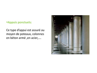 Appuis ponctuels:
Ce type d’appui est assuré au
moyen de poteaux, colonnes
en béton armé ,en acier,….
 