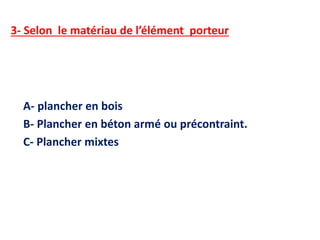 3- Selon le matériau de l’élément porteur
A- plancher en bois
B- Plancher en béton armé ou précontraint.
C- Plancher mixtes
 