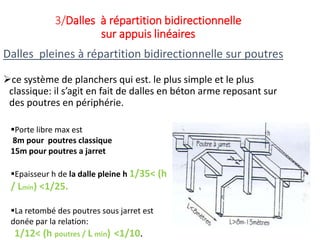 3/Dalles à répartition bidirectionnelle
sur appuis linéaires
ce système de planchers qui est. le plus simple et le plus
classique: il s’agit en fait de dalles en béton arme reposant sur
des poutres en périphérie.
Dalles pleines à répartition bidirectionnelle sur poutres
Porte libre max est
8m pour poutres classique
15m pour poutres a jarret
Epaisseur h de la dalle pleine h 1/35< (h
/ Lmin) <1/25.
La retombé des poutres sous jarret est
donée par la relation:
1/12< (h poutres / L min) <1/10.
 