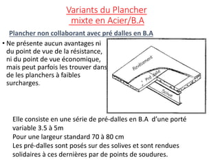 Variants du Plancher
mixte en Acier/B.A
• Ne présente aucun avantages ni
du point de vue de la résistance,
ni du point de vue économique,
mais peut parfois les trouver dans
de les planchers à faibles
surcharges.
Plancher non collaborant avec pré dalles en B.A
Elle consiste en une série de pré-dalles en B.A d’une porté
variable 3.5 à 5m
Pour une largeur standard 70 à 80 cm
Les pré-dalles sont posés sur des solives et sont rendues
solidaires à ces dernières par de points de soudures.
 