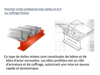 Ce type de dalles mixtes sont constituées de béton et de
tôles d’acier nervurées. Les tôles profilées ont un rôle
d’armature et de coffrage, autorisant une mise en œuvre
rapide et économique.
Plancher mixte collaborant avec dalles en B.A
sur coffrage Perdue
 