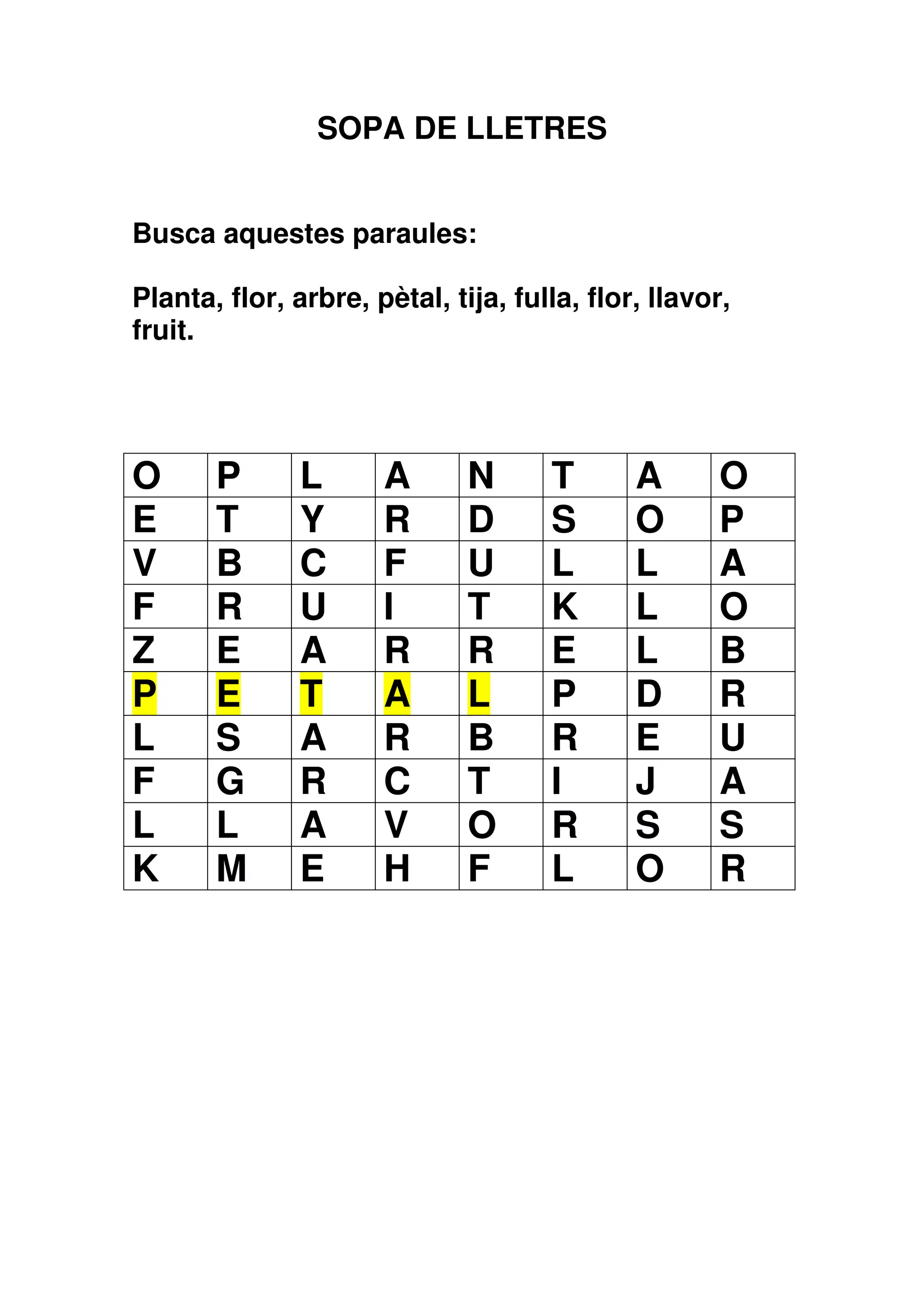 SOPA DE LLETRES


Busca aquestes paraules:

Planta, flor, arbre, pètal, tija, fulla, flor, llavor,
fruit.




O      P       L      A       N      T       A       O
E      T       Y      R       D      S       O       P
V      B       C      F       U      L       L       A
F      R       U      I       T      K       L       O
Z      E       A      R       R      E       L       B
P      E       T      A       L      P       D       R
L      S       A      R       B      R       E       U
F      G       R      C       T      I       J       A
L      L       A      V       O      R       S       S
K      M       E      H       F      L       O       R
 