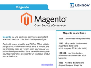 www.lengow.com
Magento
Magento est une solution e-commerce permettant
aux marchands de créer leurs boutiques en ligne.
Particulièrement adaptée aux PME et ETI et utilisée
par plus de 240 000 marchands dans le monde, elle
est proposée dans sa version open source pour les
petites boutiques ou bien dans sa version entreprise
pour les marchands disposant d’un catalogue produit
plus volumineux.
2008 : Lancement de la plateforme
2010 : eBay devient actionnaire
majoritaire de la firme
(49% jusqu’en 2010 puis 100%)
120 000 : Nombre de sites
e-commerce fonctionnant sous
Magento
3000 : Nombre d’extensions
disponibles pour Magento
Magento en chiffres :
 