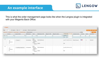 An example interface
This is what the order management page looks like when the Lengow plugin is integrated
with your Magento Back Office:
 