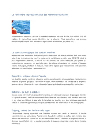 La rencontre impressionnante des mammifères marins

Saisonnières ou résidantes, plus de 20 espèces fréquentent les eaux de l’île, soit environ 20 % des
espèces de mammifères marins identifiées sur la planète ! Vous approcherez ces animaux
emblématiques dans les eaux abritées du lagon comme à l’extérieur, en pleine eau.

Le spectacle magique des tortues marines
Mayotte est une destination d’exception pour l’observation des tortues marines dans leur milieu
naturel, sur terre comme sur mer ! La tortue verte (qui dépasse un mètre pour 100 à 250 kilos), la
plus fréquemment observée, se nourrit sur les herbiers. La tortue imbriquée, plus petite (87
centimètres en moyenne), est aussi plus rare. Son régime alimentaire est composé d’éponges,
oursins, mollusques, crustacés et méduses. Trois autres espèces plus occasionnelles sont également
présentes : tortues olivâtre, caouanne et luth.

Dauphins, présents toute l’année
Les dauphins les plus nombreux à Mayotte sont les stenelles et les péponocéphales, habituellement
observés en grands groupes à l’extérieur du lagon. Moins nombreux, les tursiops et le dauphin à
bosse préfèrent fréquenter les eaux calmes et s’approchent régulièrement des côtes mahoraises.

Baleines, de juin à octobre
Chaque année entre mai/juin et octobre/novembre, les baleines à bosse sont de passage à Mayotte.
Le lagon et les bancs récifaux environnants constituent une halte de choix pour les ébats amoureux
et les mises bas. Mâles à la poursuite de femelles, ou femelles avec leur baleineau, ces grands
cétacés se laisseront approcher pour le plus grand bonheur des observateurs et des photographes.

Dugong, sirène des herbiers du lagon
L’énigmatique dugong appartient aux Siréniens comme son cousin le lamantin. Il évolue
essentiellement sur les herbiers. Plus rarement il peut être visible à la surface où il remonte pour
prendre sa respiration, comme les autres mammifères marins. Dépourvu de nageoire dorsale, il
demeure plus difficile à voir. La population actuelle de dugongs est estimée à moins d’une vingtaine
d’individus

 