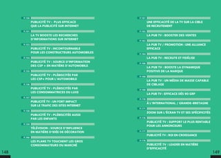 P.161
UNE EFFICACITÉ DE LA TV SUR LA CIBLE
DE RECRUTEMENT
P.162
LA PUB TV : BOOSTER DES VENTES
P.163
LA PUB TV / PROMOTION : UNE ALLIANCE
EFFICACE
P.164
LA PUB TV : RECRUTE ET FIDÉLISE
P.166
LA PUB TV : BOOSTE LA DYNAMIQUE
POSITIVE DE LA MARQUE
P.168
LA PUB TV : UN MÉDIA DE MASSE CAPABLE
DE CIBLAGE
P.169
LA PUB TV : EFFICACE DÈS 90 GRP
P.170
À L’INTERNATIONAL / GRANDE-BRETAGNE
P.171
ZOOM SUR L’ÉCRAN TV ET SES SPÉCIFICITÉS
P.176
PUBLICITÉ TV : SUPPORT LE PLUS RENTABLE
POUR LES ANNONCEURS
P.177
PUBLICITÉ TV : ROI EN CROISSANCE
P.178
PUBLICITÉ TV : LEADER EN MATIÈRE
D’EFFICACITÉ
P.150
PUBLICITÉ TV : PLUS EFFICACE
QUE LA PUBLICITÉ SUR INTERNET
P.151
LA TV BOOSTE LES RECHERCHES
D’INFORMATIONS SUR INTERNET
P.153
PUBLICITÉ TV : INCONTOURNABLE
POUR LES CONSTRUCTEURS AUTOMOBILES
P.154
PUBLICITÉ TV : SOURCE D’INFORMATION
DES CSP + EN MATIÈRE D’AUTOMOBILE
P.155
PUBLICITÉ TV : PLÉBISCITÉE PAR
LES CSP+ POUR L’AUTOMOBILE
P.156
PUBLICITÉ TV : PLÉBISCITÉE PAR
LES CONSOMMATRICES DU LUXE
P.157
PUBLICITÉ TV : UN FORT IMPACT
SUR LE TRAFIC DES SITES INTERNET
P.158
PUBLICITÉ TV : PLÉBISCITÉE AUSSI
PAR LES ENFANTS
P.159
TÉLÉVISION : SOURCE D’INFLUENCE
EN MATIÈRE D’IDÉE DE DÉCORATION
P.160
LES PLANS TV TOUCHENT LES GROS
CONSOMMATEURS DU MARCHÉ
148 149
 