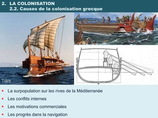 2. LA COLONISATION
   2.2. Causes de la colonisation grecque




Trière

 La surpopulation sur les rives de la Méditerranée
 Les conflits internes
 Les motivations commerciales
 Les progrès dans la navigation
 