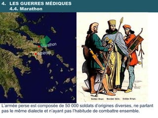 4. LES GUERRES MÉDIQUES
   4.4. Marathon




L’armée perse est composée de 50 000 soldats d’origines diverses, ne parlant
pas le même dialecte et n’ayant pas l’habitude de combattre ensemble.
 