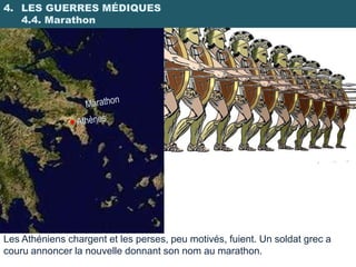 4. LES GUERRES MÉDIQUES
   4.4. Marathon




Les Athéniens chargent et les perses, peu motivés, fuient. Un soldat grec a
couru annoncer la nouvelle donnant son nom au marathon.
 