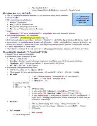 o Pièce fraiche à 19-20 °c
o Majorer chaque biberon de 20 mL et en proposer 1 à 2 en plus la nuit
10- Asthme aigu grave « 6, 5, 4, 3 »
• Prise en charge médicalisée au domicile : SAMU, traitement débuté dans l’ambulance
• Mesure du DEP
• O2 + β mimétique en nébulisation
 6 l/min d’O2 nébulisant
 5 mg (= 1ml) de Salbutamol dans
 4 cc de sérum physiologique en 15 min
 3 à 4 fois la 1ière
heure puis toutes les 3-4 heures
• Si échec
 Salbutamol IVSE 1mg/h, nébulisation ß2+ ± atropiniques Atrovent® Bromure d’Ipratrium
• Association systématique à des corticoïdes
 Corticoïdes : solumédrol 1mg/kg/6h en IV (ou per os)
• Hydratation abondante ; surveillance kaliémie : 2-3L de G5 + 3 g de NaCl et 2 g de KCl/L car β2 / Cortico hypok+ !!!
• Avant recours à la ventilation méca, devant AAG réfractaire : Héliox : mélange Hélium + oxygène de densité < au
mélange air + oxygène -> diminue travail respi, évite fatigue muscu diaphragmatiq, pénétrat° + distale ds les bronches
• Se méfier du collapsus de reventilation
• Ttt d’entretien : renforcer ttt de fond, cortico per os 0,5 mg/kg/j pendant 7 jours, éducation, réévaluation de l’asthme
11- Arrêt cardio-circulatoire (75 % sont des FV CEE)
• Donner l’alerte, plan dur, déshabiller
• Réanimation cardio pulmonaire de base
 Airway : LVAS, Guédel
 Breathing : Bouche à bouche, ballon auto remplisseur , insufflation lente, 10-12/min, soulever le thorax
 Circulation : MCE, 1/3 inf sternum (adulte), ½ sternum (enfant), 80-100/min
 RYTHME : 15-2 que l’on soit 2 ou seul
• Réanimation cardioplumonaire spécialisé
 VVP de bon calibre, salé 9 ‰ (glucosé délétère)
 O2 au masque, IOT avec aspi sécrétions ensuite : VA avec FiO2 = 100%, Fr = 12%, Vt = 10 ml/kg
 TV ou FV
o 1ier
CEE 200 J (avant même l’intubation) (NB : 90 % de réussite !)
o Si échec… 2ième
CEE 300 J… 3ème CEE 360 J…
o Si échec au 3ième
CEE :
 ventilation 100 % 02
 MCE
 Adrénaline 1 mg IVD
o 4ième
CEE : 360 J
o Si échec au 4ème CEE : Lidocaïne 1 mg/kg IVD puis 5ième
CEE 360 J
o Si échec au 5ème CEE : Brétylium Tosilate 5 mg/kg IVD puis CEE 360 J
o Si échec alcalinisation : ± Bicarbonate de Na molaire (84 ‰) 1 mmol/kg (1 ml = 1
mmol) puis 0,5 mmol/kg si hyperkaliémie, acidose métabolique ou intoxication par
médicament cardiotoxique
 Asystolie :
o MCE + Adrénaline (amp. 1 ml = 1 mg) 1 à 3 mg IVD toutes les 3-5’
o si reprise d’une activité cardiaque : Adrénaline en continue IVSE 1 - 10 mg/h
o CEE inutile
 BAV complet :
o BAV syncopal :
 Coup de poing sternal
Urgence médicale USI
TTT f.déclenchant
ATB (Macrolides)
Hydratation + K+
Kiné respi
Surveillance +++
 