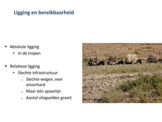 Economische tendenzen
• Koopkracht groeit nauwelijks:
• Sterke bevolkingsgroei
• Prijzen voedsel en olie stijgen;
• ruilvoetverslechtering
• Oorlog en binnenlandse conflicten
kosten veel geld
• Hoge jeugdwerkloosheid
• Grote verborgen werkloosheid
• Grote informele sector =
vluchtsector
• Toerisme biedt veel mogelijkheden
• Mooie natuur
• Rijke cultuur en geschiedenis
 