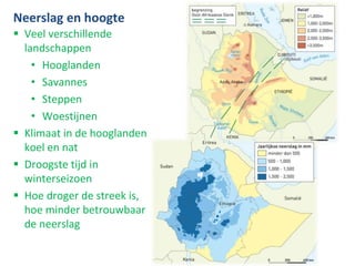 Verklaring regenseizoenen
• Beweging ITC van 21 december tot 21 juni van 23⁰ZB naar
23⁰NB
• Breedteligging Ethiopië: ± 15⁰NB - ± 4⁰NB
• 46⁰ in 6 maanden; 7,7⁰/mnd (afgerond 8⁰)
• 21 maart zon op 0⁰ op weg naar boven
• Belg: 6 april – 20 mei
• Vanaf 21 juni keert de zon vanaf de 23ste breedtegraad terug
naar het zuiden
• Kiremt: 21 juli – begin september
 