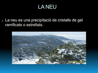 LA NEU

●   La neu es una precipitació de cristalls de gel
    ramificats o estrellats.
 