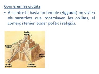Com eren les ciutats:
• Al centre hi havia un temple (ziggurat) on vivien
  els sacerdots que controlaven les collites, el...