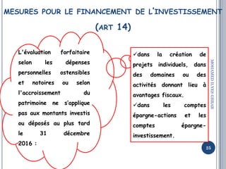MESURES POUR LE FINANCEMENT DE L’INVESTISSEMENT
(ART 14)
25
MOHAMEDILYESGHRAB
L'évaluation forfaitaire
selon les dépenses
...