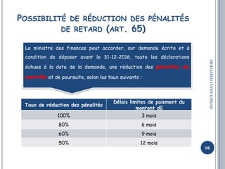 POSSIBILITÉ DE RÉDUCTION DES PÉNALITÉS
DE RETARD (ART. 65)
96
MOHAMEDILYESGHRAB
Taux de réduction des pénalités
Délais lim...