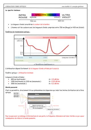 FORMATION FIBRE OPTIQUE sous module 4.1 concepts généraux
Le spectre lumineux
 La longueur d’onde caractérise la couleur de la lumière
 L’homme voit les couleurs avec les longueurs d’onde comprises entre 750 nm (Rouge) et 420 nm (Violet)
Fenêtres de transmission optique :
L’atténuation dépend fortement de la longueur d’onde utilisée par la source
Fenêtre optique = atténuation minimale
Longueurs d’onde utilisées :
 850 nm (multimode) : A = 3,5 dB/km
 1300 (multimode) ou 1310 nm (monomode ): A = 0,35 dB/km
 1550 nm (monomode ): A = 0,2 dB/km
Bande passante
C’est ce paramètre, directement lié aux phénomènes de dispersion qui induit les limites d’utilisation de la fibre
optique.
Pour ne pas avoir un mélange d’informations et une perte, la fréquence d’émission est donc limitée ce qui a pour
conséquence de réduire la bande passante.
ROUGE VIOLET
SPECTRE VISIBLE ULTRA
VIOLET
750 nm 420 nm
INFRA
ROUGE
Coeur
Gaine
Pulse Entrant Pulse Sortant
RAYON 1
RAYON 2
RAYON 3 t2
t1
t3
t0
Signal lumineux qui
s’élargie au fur et à mesure
de sa propagation
Signal lumineux qui
s’élargie au fur et à mesure
de sa propagation
Mégange des informations
Mégange des informations
 