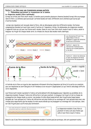 FORMATION FIBRE OPTIQUE sous module 4.1 concepts généraux
Partie 2 : La fibre pour une transmission presque parfaite
1- Phénomènes perturbant la transmission de la lumière
La dispersion modale (fibre multimode)
Lorsqu'on utilise une fibre multi-mode, la lumière peut prendre plusieurs chemins (modes) lorsqu'elle se propage
dans la fibre. La distance parcourue par certains modes est donc différente de la distance parcourue par
d'autres modes.
Lorsqu'une impulsion est envoyée dans la fibre, elle se décompose selon les différents modes. Certaines
composantes (modes) arrivent donc avant d'autres et l'impulsion s'étale. Ce phénomène de dispersion modale
n'apparaît bien sur qu'avec les fibres multi-modes. Dans le cas d'une fibre multi-mode à saut d'indice, seule la
longueur du trajet de chaque mode varie; la vitesse de chacun des modes reste identique.
A l’entrée de la fibre on injecte des impulsions infiniment étroites (impulsion de Dirac) à la sortie on constate
que ces impulsions se sont élargies et ont tendance à se recouvrir (superposer) ce qui rend le décodage difficile
voire impossible.
Les fibres multi-mode à gradient d'indice ont précisément été développées pour répondre au problème de la
dispersion modale. Puisque l'indice de réfraction n'est pas constant, la longueur du trajet et de la vitesse de
propagation de chaque mode va varier. Les modes d'ordre élevé empruntent des trajets plus longs (assez
éloignés de l'axe optique) où l'indice de réfraction est plus faible qu'au voisinage de l'axe optique mais avec une
vitesse plus importante que les modes d'ordre moins élevés qui se propagent au voisinage de l'axe optique, donc
sur des trajets plus courts mais plus lentement.
Dans le cas d'une fibre monomode, la dispersion modale n'existe pas (en pratique, elle est quasiment nulle).
Les informations XY sont trop
rapprochées et donc se
mélangent à causes des distances
de parcours différentes
Soultion 1 : espacer les
informations transmises donc
réduction de la bande passante
et du débit.
Soultion 2 : réduire les distances
et donc les longueurs de fibres
(multiplication des équipements
actifs)
La dispersion modale d'une fibre à
gradient d'indice est plus faible que
celle d'une fibre à saut d'indice.
 