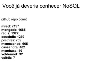 Você já deveria conhecer NoSQL github repo count mysql: 2197 mongodb: 1685 redis: 1322 couchdb: 1279 postgres: 759 memcached: 665 cassandra: 402 membase: 40 voldemort: 32 voltdb: 7 