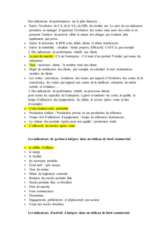 Des indicateurs de performances sur le plan financier :
 Suivre l’évolution du CA, de la VA, du EBE, du résultat net. Le suivi de ces indicateur
permettra au manager d’apprécier l’évolution des ventes mais aussi des coûts et en
poussant l’analyse de pouvoir cibler la nature des charges qui évoluent plus
rapidement que prévu
 Suivre la trésorerie, le BFR et les délais clients et délais fournisseurs
 Suivre la rentabilité : résultats / fonds propres, EBE/actif, CAF/CA, par exemple
2. Des indicateurs de performance relatifs aux clients
 La part du marché : CA de l’entreprise / CA total d’un produit P réalisé par toutes les
entreprises
 Taux : nouveaux clients / le nombre total des clients
 Degré de satisfaction des clients, par exemple en calculant le taux réclamations
/nombre de clients
 Les ventes / prévisions, évolutions des ventes par rapport à l’évolution des ventes de la
concurrence, les ventes par rapport aux ventes de la meilleure entreprise de même
activité et évolution….
3. Des indicateurs de performance relatifs au processus interne
pour cerner les capacités de l’entreprise à gérer et maîtriser les coûts, la qualité, le
temps d’utilisation des équipements, les délais, le service après- vente (à titre
d’exemple)
 Coûts réalisés/coûts préétablis
 Production réalisée / Production prévue ou sur production de référence
 Temps réel d’utilisation d’équipement / temps de références fournisseurs
 Le volume des produits rejetés pour non qualité / production totale
 L’efficacité du service après- vente
Les indicateurs de gestion à intégrer dans un tableau de bord commercial
 le chiffre d’affaires
 la marge
 le résultat
 les nouveaux produits
 Écart tarif – prix moyen
 Taux de remise
 Délais de règlement consentis
 Rotation des stocks produits finis
 Stocks produits finis et obsolètes
 Parts de marché
 Frais commerciaux
 Promotions
 Engagements publicitaires et déplacement par secteur
 Couts des stocks obsolètes
Les indicateurs d’activité à intégrer dans un tableau de bord commercial
 