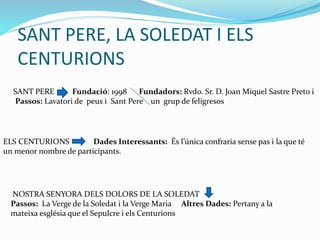 SANT PERE, LA SOLEDAT I ELS
CENTURIONS
SANT PERE Fundació: 1998 Fundadors: Rvdo. Sr. D. Joan Miquel Sastre Preto i
Passos: Lavatori de peus i Sant Pere un grup de feligresos
NOSTRA SENYORA DELS DOLORS DE LA SOLEDAT
Passos: La Verge de la Soledat i la Verge Maria Altres Dades: Pertany a la
mateixa església que el Sepulcre i els Centurions
ELS CENTURIONS Dades Interessants: És l’única confraria sense pas i la que té
un menor nombre de participants.
 