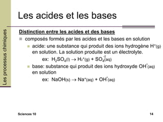 Les
processus
chimiques
Sciences 10 14
Les acides et les bases
Distinction entre les acides et des bases
 composés formés...