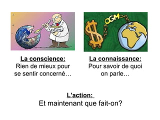 La conscience: Rien de mieux pour se sentir concerné… La connaissance: Pour savoir de quoi on parle… L’action:  Et maintenant que fait-on? 