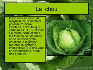 Le chou
• Il est riche en calcium,
  magnésium, phosphore,
  potassium, bêta-
  carotène, acide folique,
  vitamines C, E, K, et iode.
  En forme brute élimine
  les toxines de l’estomac
  et de l’intestin grêle,
  améliore la digestion,
  renforce le système
  immunitaire, tue des virus
  et des bactéries, réduit
  des tumeurs.
 