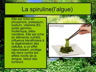La spiruline(l’algue)
•   Elle est riche en
    phosphore, potassium,
    sodium, vitamine B3,
    acide gamma-
    linolénique, bêta-
    carotène. Elle est riche
    en éléments nutritifs,
    influence bénéficiaire à
    la régénération des
    cellules, a un effet
    rajeunissant, protège
    les reins contre les
    effets nocifs de la
    drogue, réduit des
    tumeurs.
 