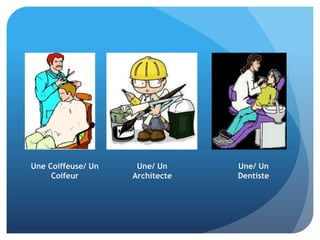 Une Coiffeuse/ Un
Coifeur

Une/ Un
Architecte

Une/ Un
Dentiste

 
