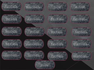 Cuisinier
Pédiatre
Pompier
Peintre
Scientifique
Journaliste
Police
Astronomie
Boulanger
Dentiste
Facteur
Étudiant
Coiffeur Professeur
Électricien
Médecin
Secretaire
Juge Avocat
Ophtalmologiste
Joueu
 