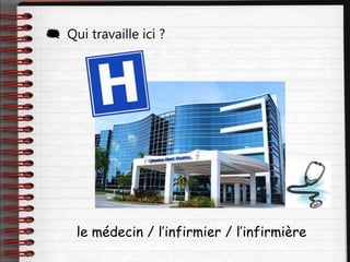  Qui travaille ici ?
le médecin / l’infirmier / l’infirmière
 