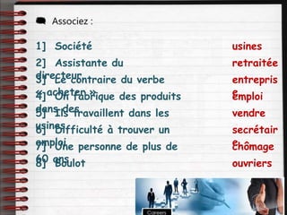  Associez :
1] Société
2] Assistante du
directeur
3] Le contraire du verbe
« acheter »
4] On fabrique des produits
dans des
5] Ils travaillent dans les
usines
6] Difficulté à trouver un
emploi
7] Une personne de plus de
60 ans
8] Boulot
usines
retraitée
entrepris
e
emploi
vendre
secrétair
e
chômage
ouvriers
 