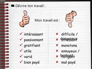  Décrire ton travail :
Mon travail est :
 intéressant
 passionnant
 gratifiant
 utile
 varié
 bien payé
 difficile /
dangereux
 stressant
 monotone
 ennuyeux /
barbant
 fatigant
 mal payé
 
