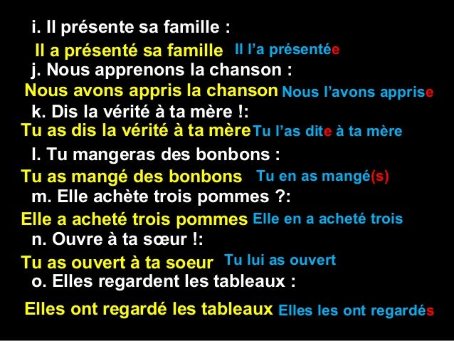 i. Il présente sa famille :  Il a présenté sa famille Il la présentée j. Nous apprenons la chanson :Nous avons appris la ...