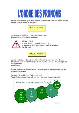 Quand nous utilisons plus d’un pronom complément dans une même phrase
l’ordre à respecter est le suivant :
Je sais que tu m’aimes. Tu me le dis tous les jours.
Les livres ? Je te les donne plus tard.
ATTENTION !!
si le verbe est à l’impératif positif ou
si nous avons deux pronoms de troisième personne
l’ordre varie :
Je dois partir sans attendre mon frère. N’inquiète pas, nous le lui dirons.
Nous allons aller au cinéma ce soir. Tu en as parlé à Sylvie ? Non, mais je vais
le lui proposer.
Dites-le moi.
Si nous utilisons les pronoms EN ou Y accompagnés d’autres pronoms, on les
places après ceux-ci.
Vous avez de problèmes ? Parlez-nous-en !
Tes enfants ne veulent pas aller au zoo ? Alors, ne les y menez pas !
INDIRECT + DIRECT
DIRECT + INDIRECT
 
