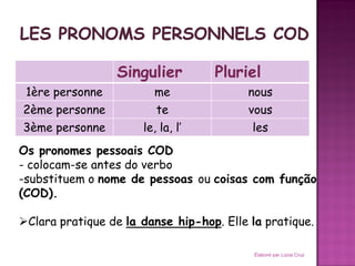 Singulier         Pluriel
 1ère personne          me               nous
2ème personne            te               vous
3ème personne         le, la, l’           les
Os pronomes pessoais COD
- colocam-se antes do verbo
-substituem o nome de pessoas ou coisas com função
(COD).

Clara pratique de la danse hip-hop. Elle la pratique.

                                           Élaboré par Lúcia Cruz
 